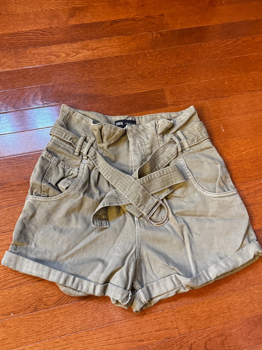 Zara Olive Green High-Waist Belted Utility Shorts